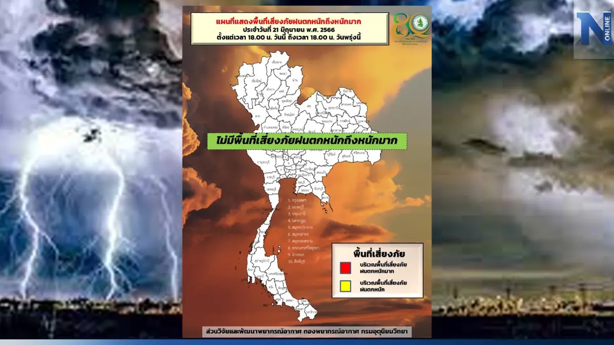 กราฟิกแสดงพื้นที่เสี่ยงภัยฝนตกหนักถึงหนักมากบริเวณประเทศไทย