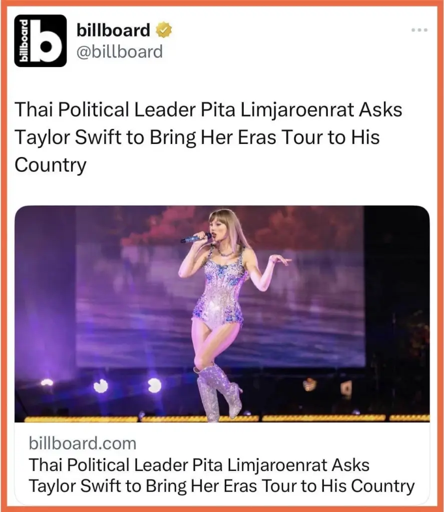 billboard สื่อบันเทิงดังทวีตถึง ทวีตของ พิธา ที่โพสต์ถึง เทย์เลอร์ สวิฟ