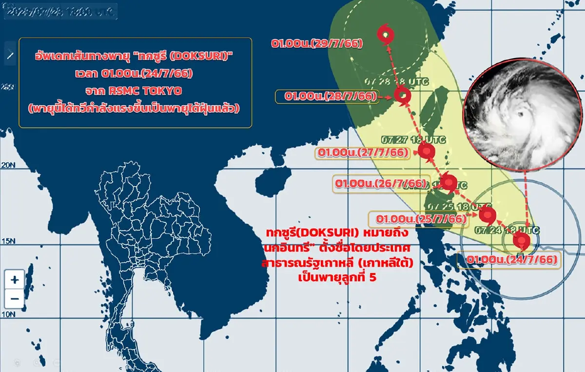 อุตุฯประกาศ "พายุทกซูรี" ทวีกำลังเป็น "พายุไต้ฝุ่น" แจ้งพท.ฝนหนัก ช่วง 7 วัน