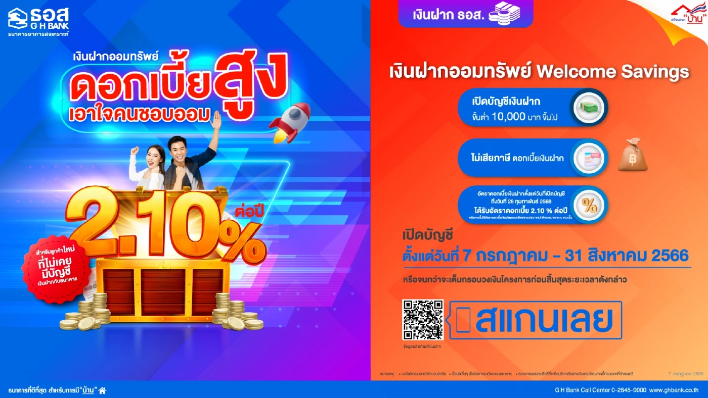 ธอส.เปิดตัวเงินฝากออมทรัพย์  Welcome Savings ชูดอกสูง