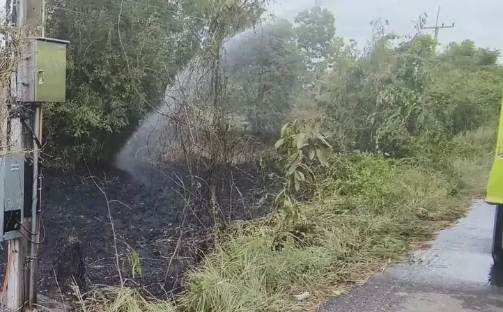 ไฟไหม้หญ้าข้างทาง หวิดลามป่าชุมชน-บ้านเรือน ปชช. ดับเพลิงฉีดน้ำสกัดได้ทัน