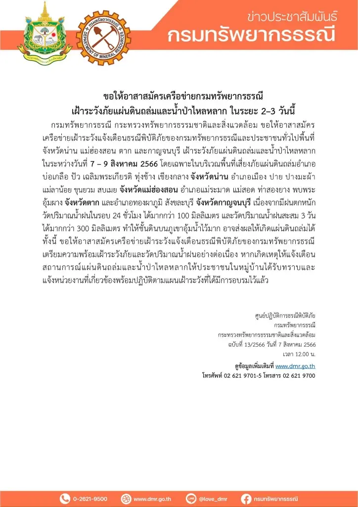 ประกาศด่วน!  ผู้ว่าฯแม่ฮ่องสอน เตือน"ฝนตกหนัก" เฝ้าระวังน้ำป่าหลาก โคลนถล่ม