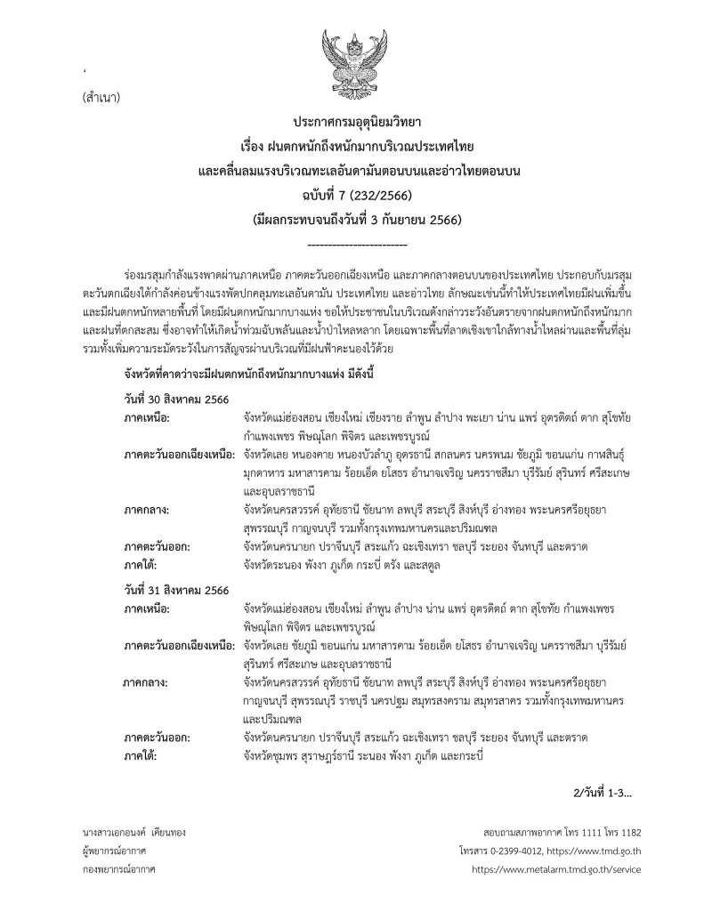 เปิดภาพถ่ายดาวเทียม "ร่องมรสุมกำลังแรง" กรมอุตุ เตือน"ฝนตกหนักถึงหนักมาก"