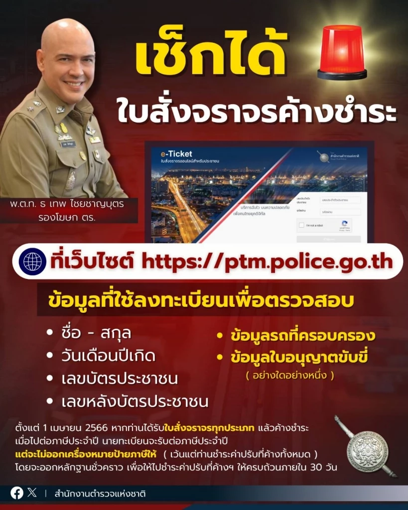ตร.เตือนเสียค่าปรับใบสั่งจราจรตามกำหนด ข้อมูลเชื่อมโยงกรมการขนส่งฯแล้ว