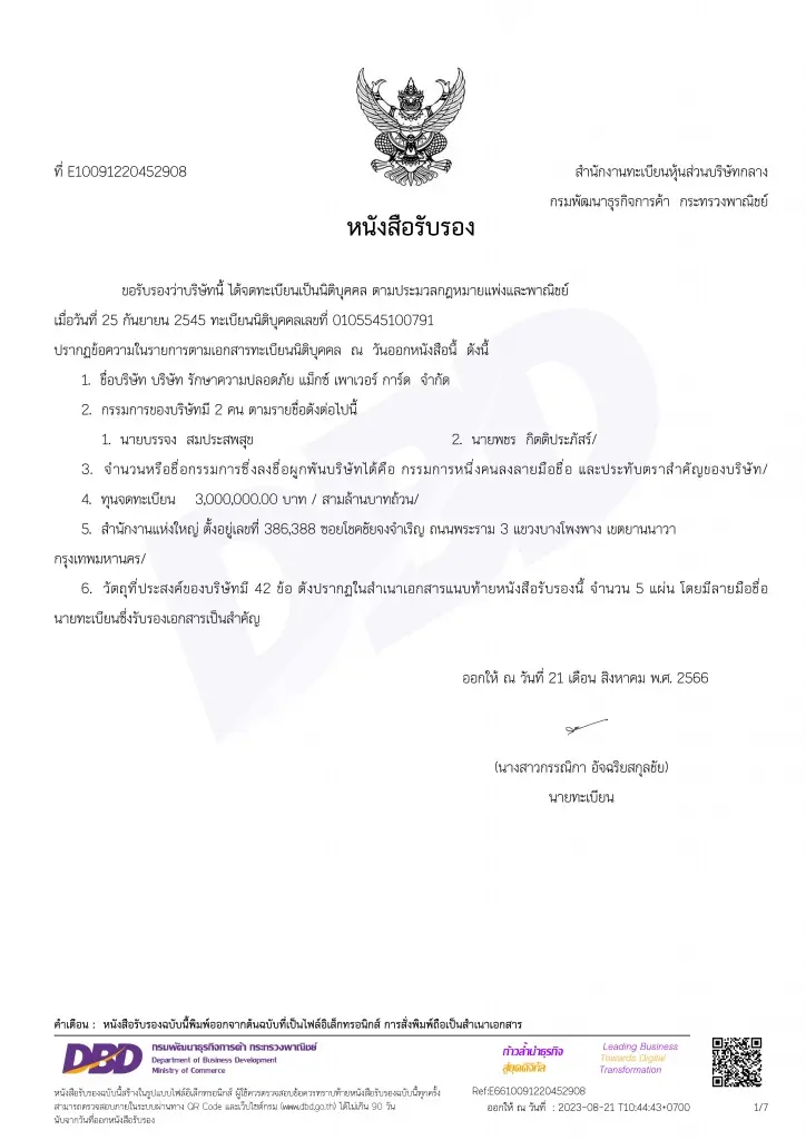 สำเนา สำนักงานทะเบียนหุ้นส่วนบริษัทกลาง  กรมพัฒนาธุรกิจการค้า กระทรวงพาณิชย์  เมื่อวันที่ 21 ส.ค.66