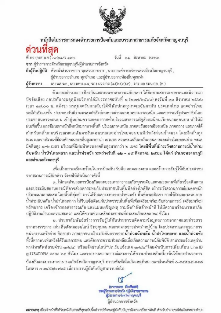 กาญจน์สั่ง 2 อำเภอ เฝ้าระวัง "น้ำท่วมฉับพลัน-น้ำป่าไหลหลาก" ตลอด 24 ชม.