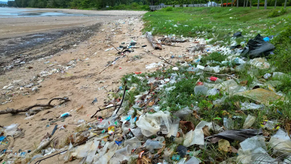 ขยะพลาสติกจำนวนมากถูกคลื่นซัดเกยหาดดงตาล