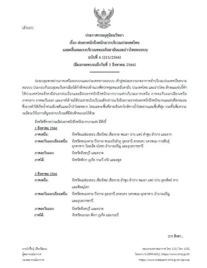 ประกาศฉบับ 6 มรสุมพาดผ่านเหนือ-ใต้ เตือน 28 จว. รับมือฝนตกหนักถึงหนักมาก