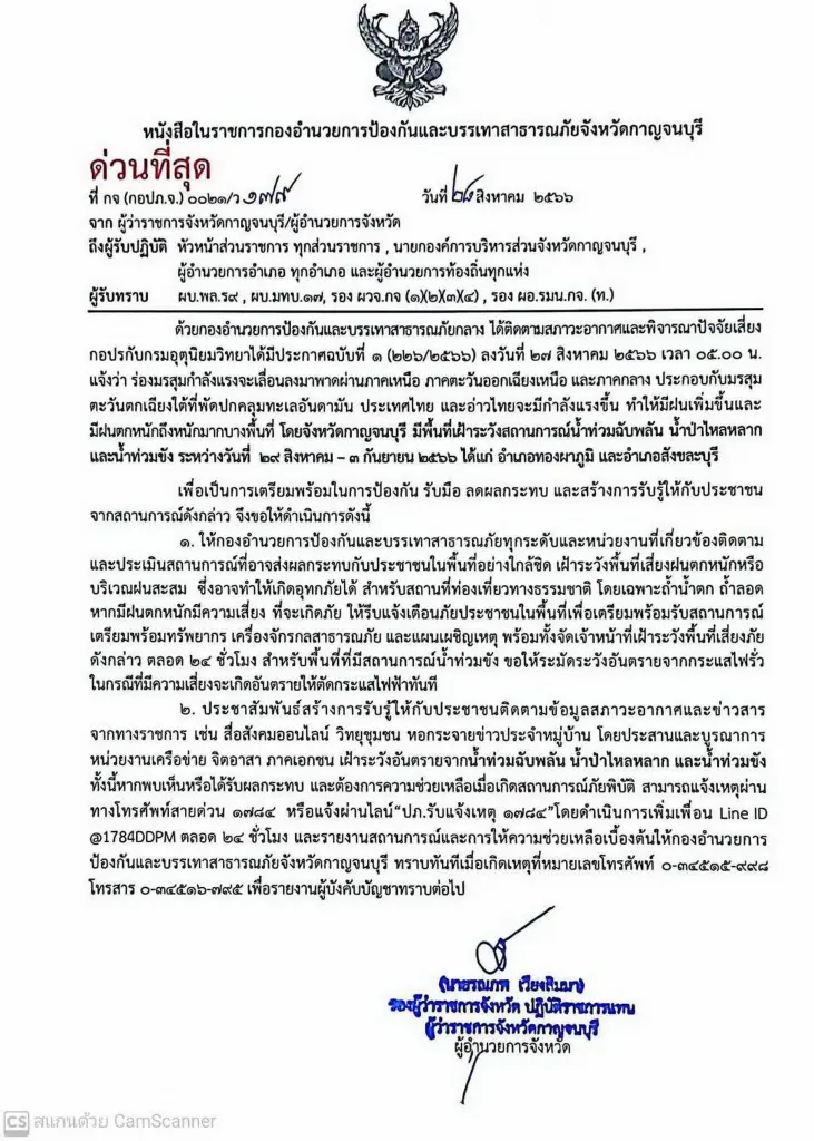 กาญจนบุรี เตือน 2 อำเภอ เฝ้าระวังน้ำป่าไหลหลาก-ท่วมฉับพลัน 29 ส.ค.-3 ก.ย.นี้