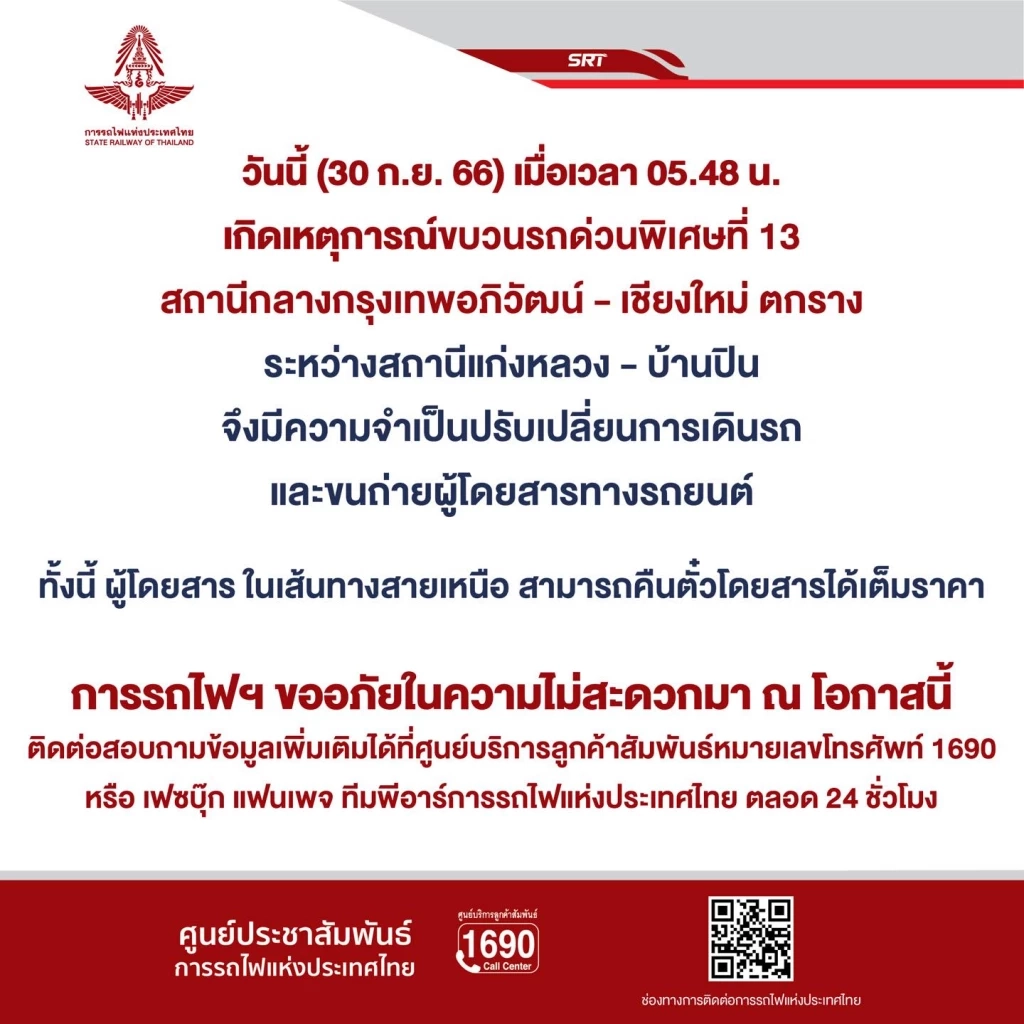 การรถไฟฯ แจ้งปรับเปลี่ยน-งดเดินรถสายเหนือ ระหว่างวันที่ 30 ก.ย.-1 ต.ค. 66