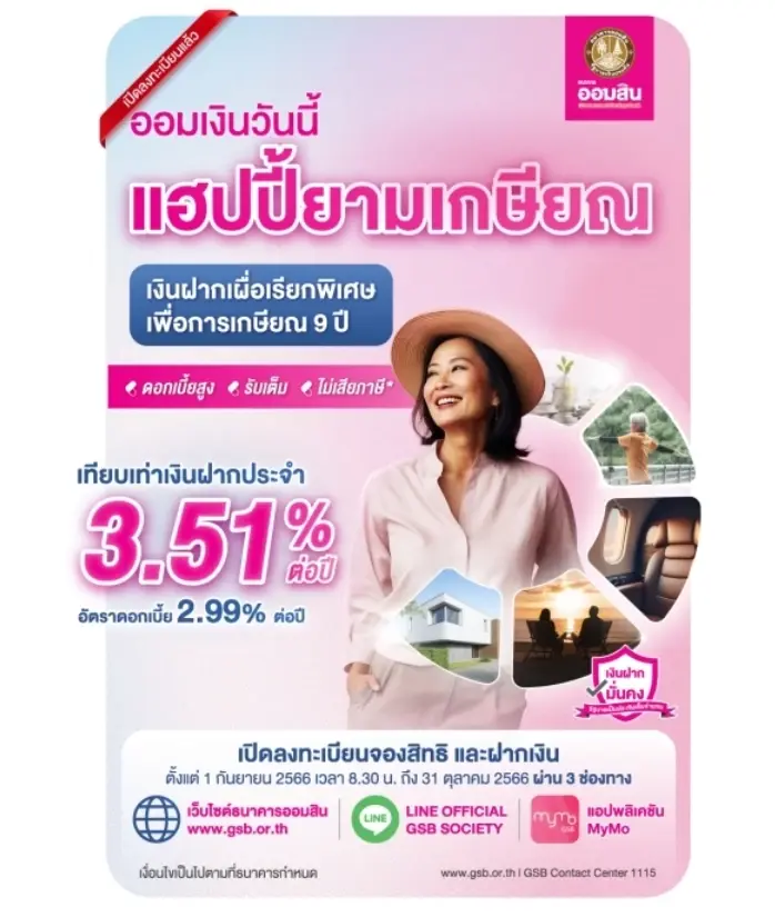 ออมสินเปิดลงทะเบียน "เงินฝากเผื่อเรียกพิเศษเพื่อการเกษียณ" ชูดอกสูง