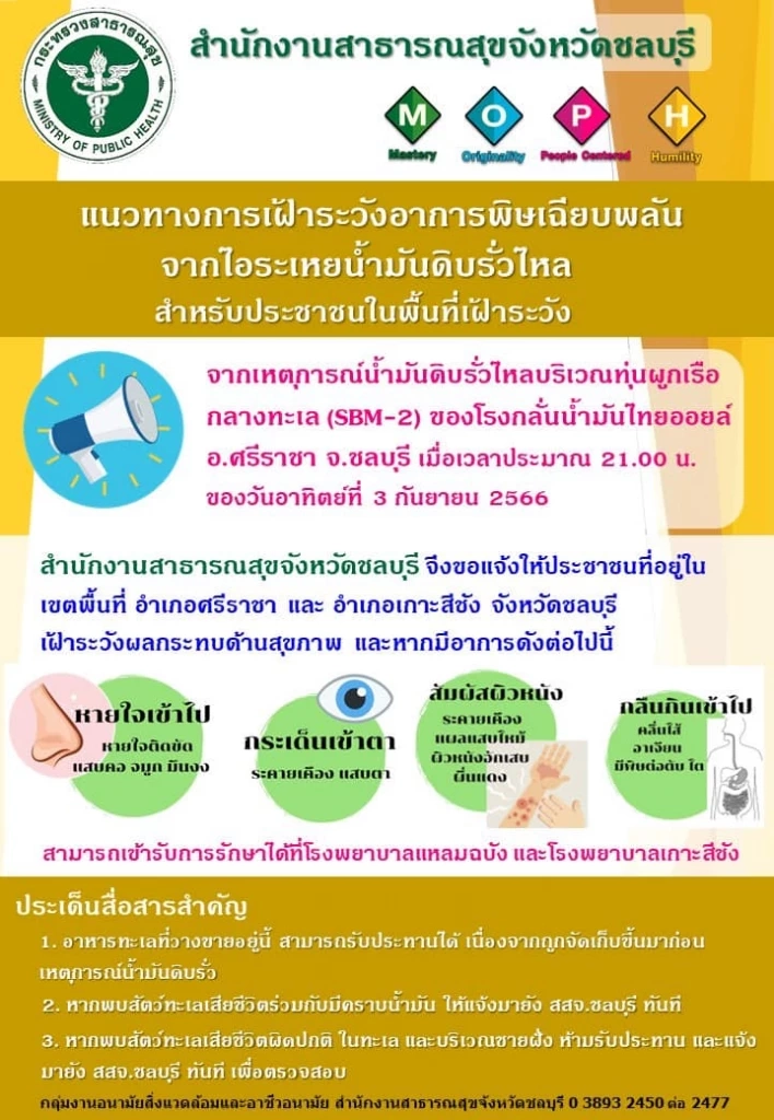 สสจ.ชลบุรี เตือน ปชช.เฝ้าระวังอาการพิษเฉียบพลัน จากเหตุน้ำมันดิบรั่วไหล