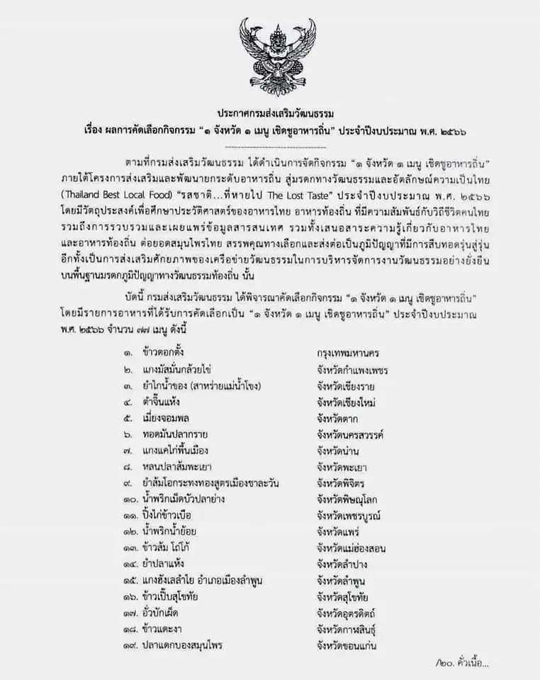 รายชื่อเมนูอาหาร "1จังหวัด 1 เมนู เชิดชูอาหารถิ่น"