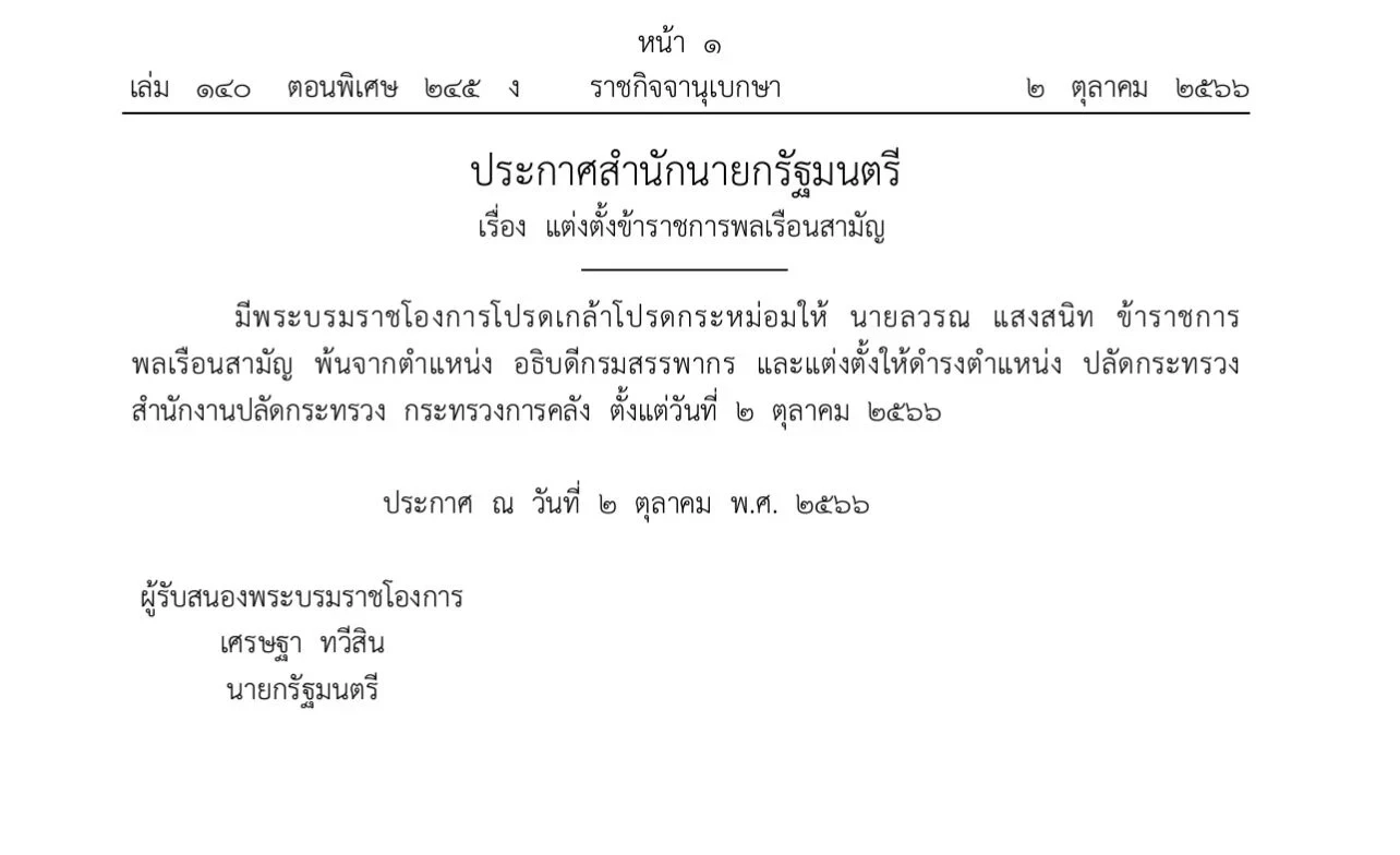 ราชกิจจาฯ ประกาศสำนักนายกฯ ตั้ง 3 ปลัดกระทรวงใหม่ ‘คลัง-แรงงาน-พลังงาน’