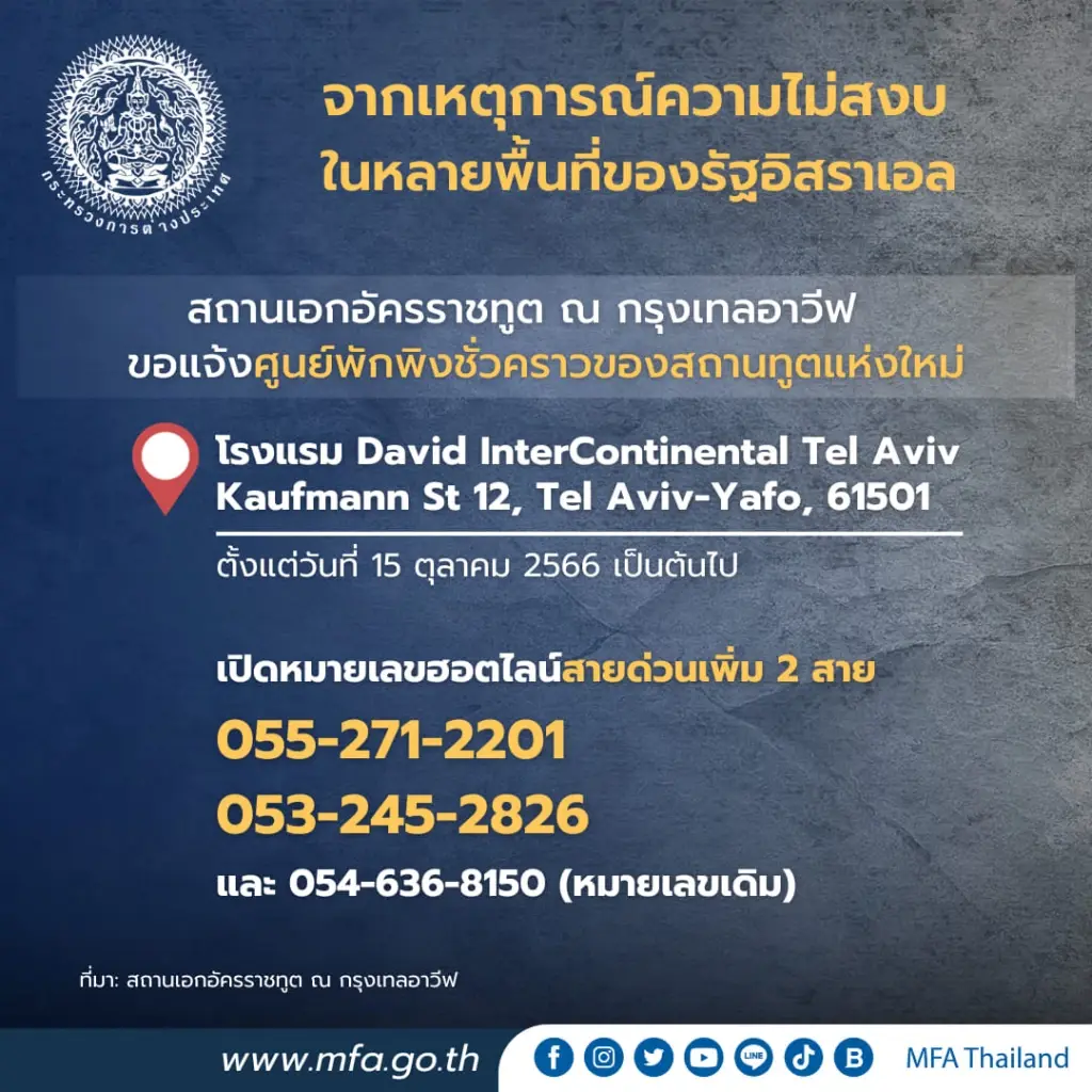 กต.แจ้งข้อมูลให้แรงงานไทยในอิสราเอลใช้ติดต่อสถานทูตขอความช่วยเหลือ