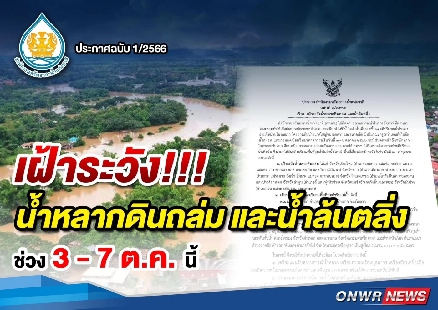 สทนช. เตือนเฝ้าระวังน้ำล้นตลิ่ง "ลุ่มเจ้าพระยา" หลังน้ำเหนือเพิ่มสูงขึ้น
