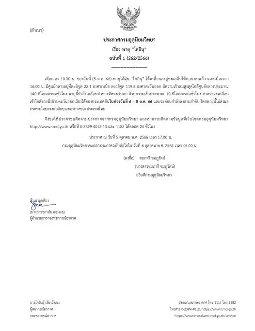 กรมอุตุฯ ออกประกาศ "พายุโคอินุ" ฉบับที่ 1 คาดเข้าสู่จีนในช่วง 6 – 8 ต.ค. 66