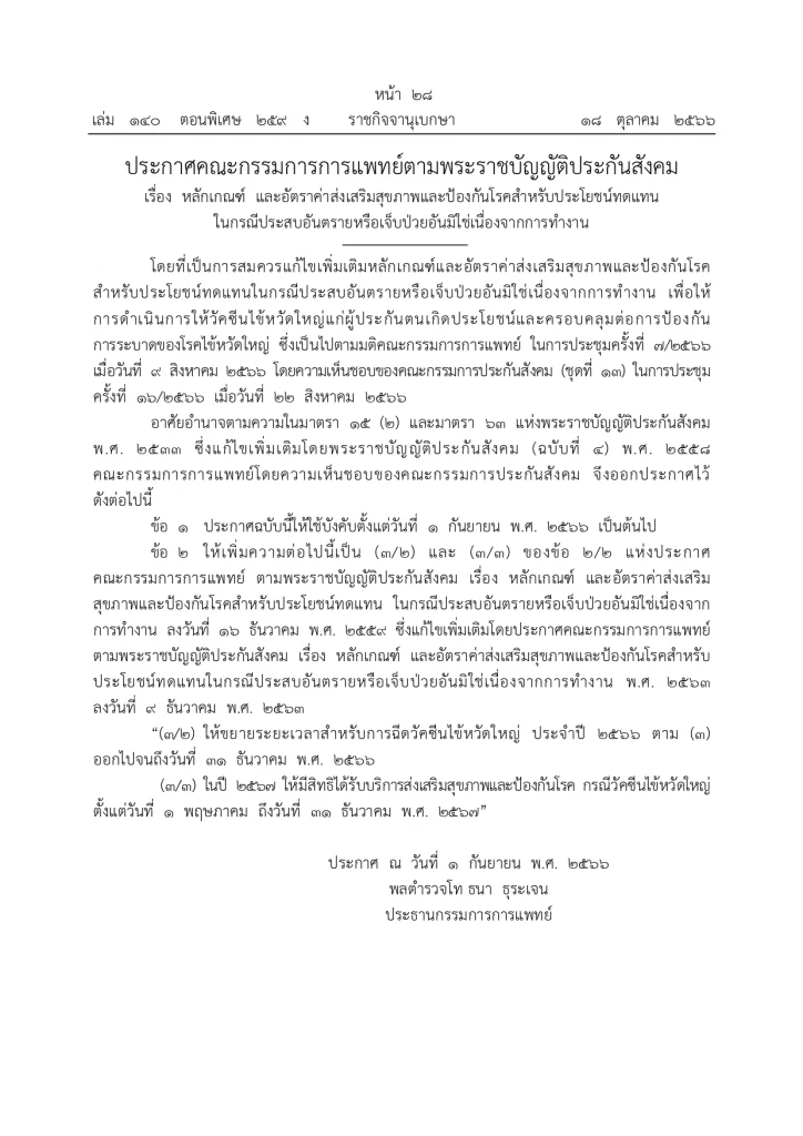 ราชกิจจาฯ เผยแพร่ ประกาศคณะกรรมการการแพทย์ หลักเกณฑ์ วัคซีน"ไข้หวัดใหญ่" ผู้ประกันตน