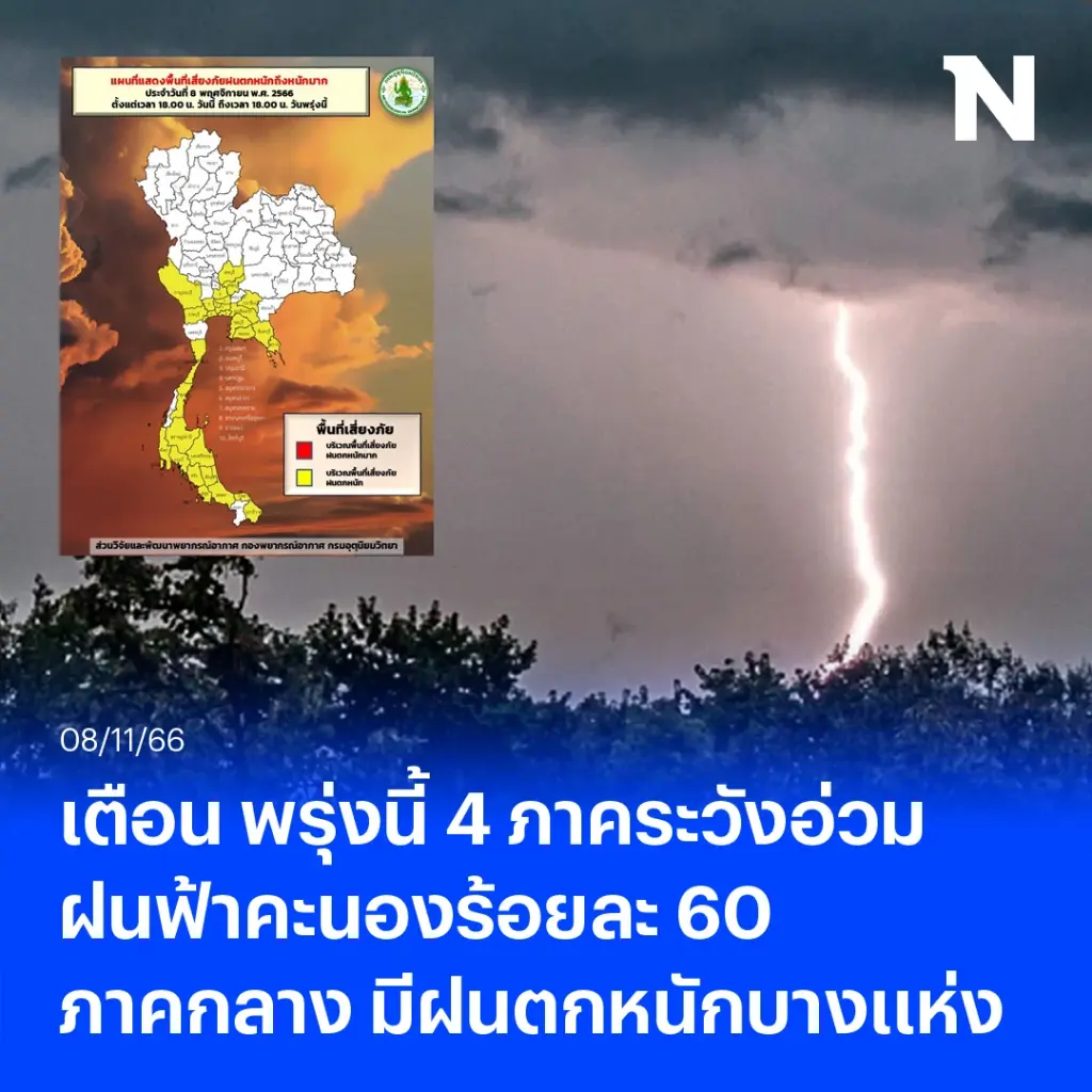 เตือน พรุ่งนี้ 4 ภาคระวังอ่วม ฝนฟ้าคะนองร้อยละ 60 ภาคกลาง มีฝนตกหนักบางแห่ง