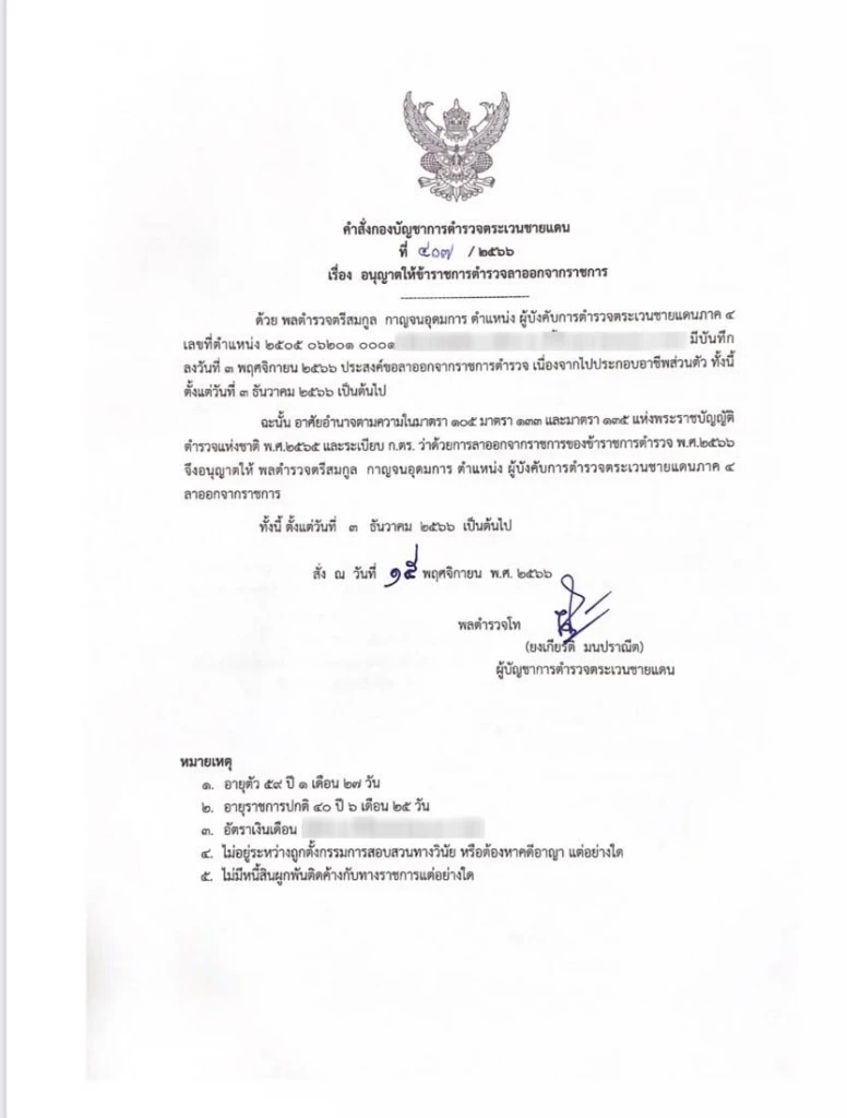 ผู้การฯ ตชด.ภาค 4 ขอลาออกจากราชการ ระบุเหตุผล ไปประกอบอาชีพส่วนตัว