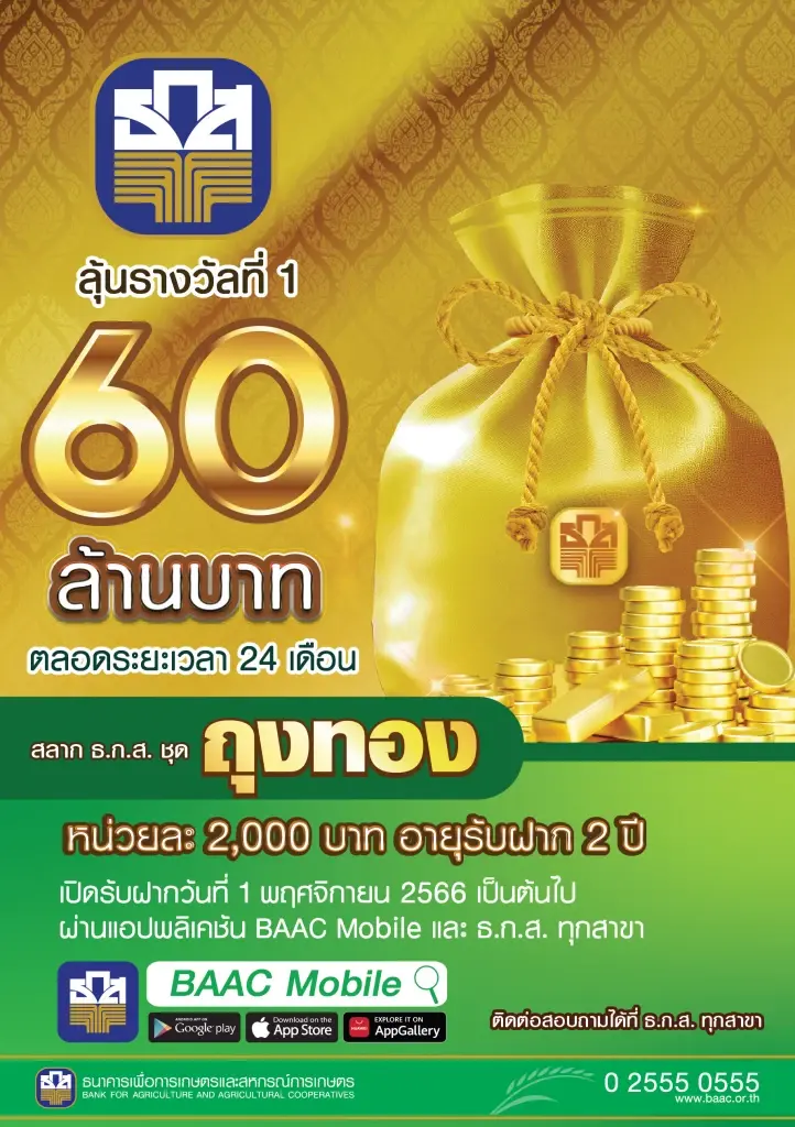เริ่มวันนี้ ! ธ.ก.ส.เปิดขายสลากออมทรัพย์ "ชุดถุงทอง" ลุ้นรวยล้าน