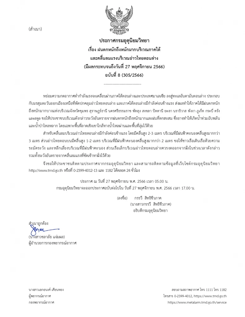 พยากรณ์อากาศวันนี้ ประกาศกรมอุตุนิยมวิทยา เตือนภาคใต้ "ฝนตกหนักถึงหนักมาก"