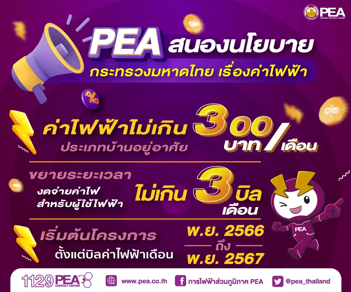 PEA ขยายระยะเวลาการงดจ่ายไฟฟ้า สำหรับผู้ใช้ไฟฟ้าประเภทบ้านอยู่อาศัย