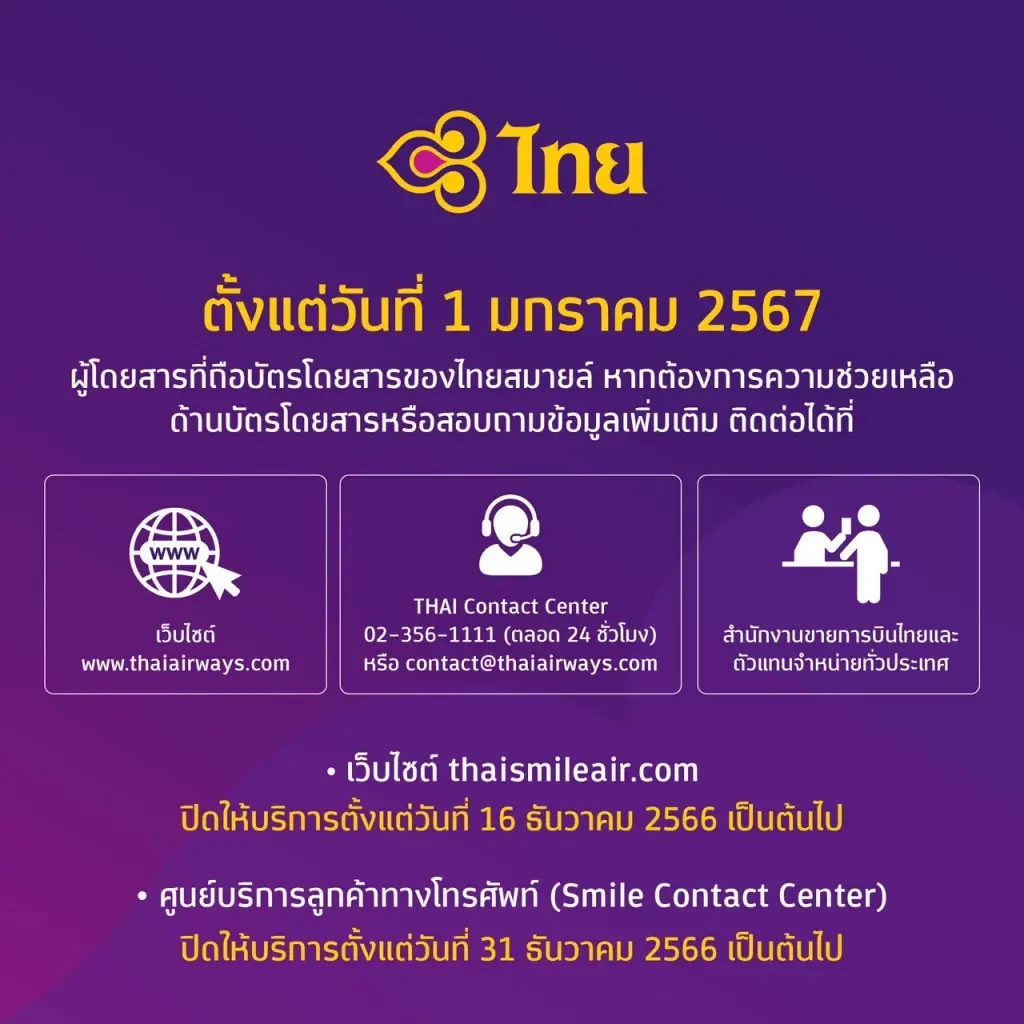ทีจีแจ้งผู้โดยสาร ! ทำการบินแทน "ไทยสมายล์" ดีเดย์ 1 ม.ค. 67