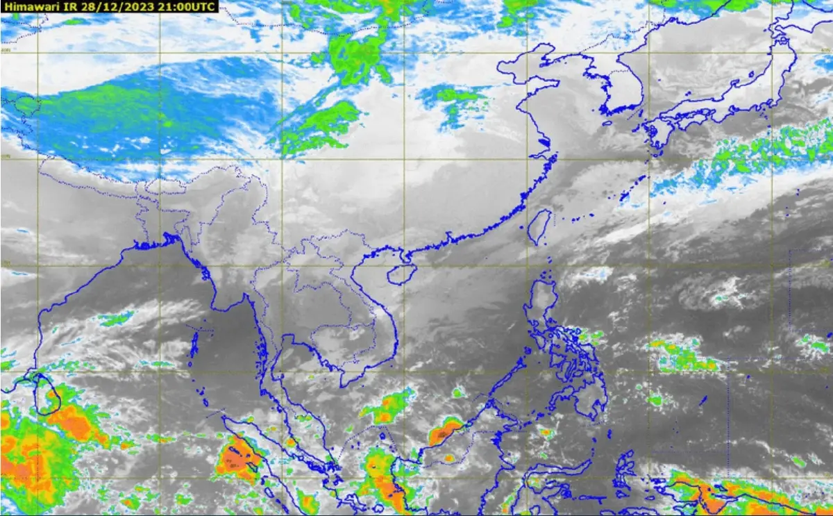 ภาพถ่ายดาวเทียม เตือนอากาศเย็นถึงหนาว มี"ฝนตกหนักถึงหนักมาก"ทางภาคใต้