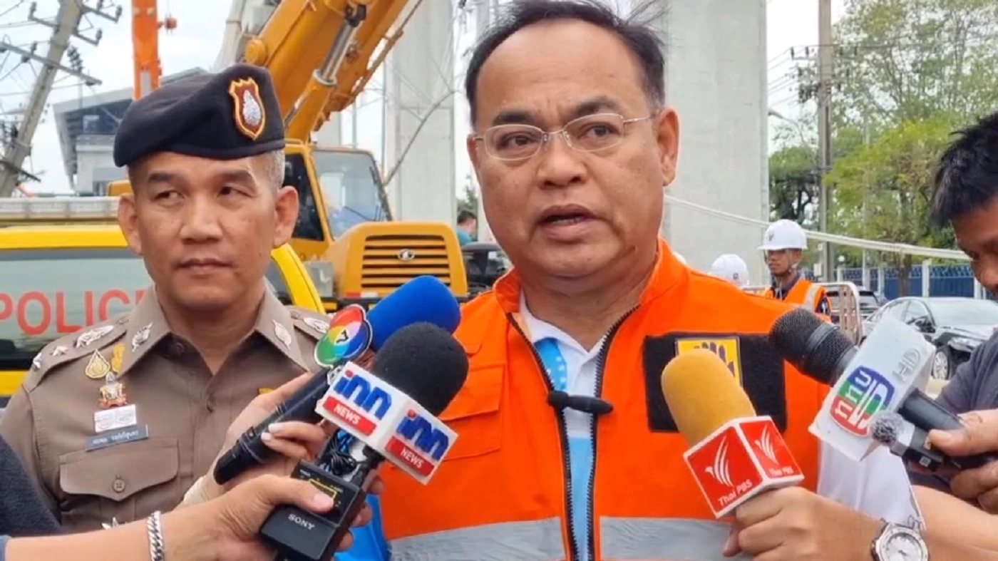 สุธี ทองแย้ม ผู้ว่าฯนนทบุรี ลงพื้นที่เกิดเหตุ รางจ่ายกระแสไฟ รถไฟฟ้าสายสีชมพู ร่วง