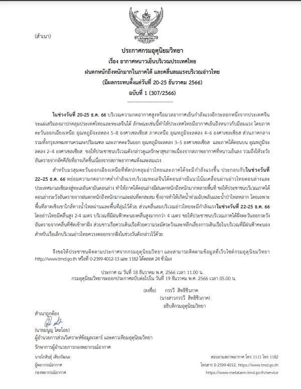 ด่วน! อุตุฯ ออกประกาศฉบับ 1 เตือนประเทศไทยอุณหภูมิลดต่ำลง มากสุด 8 องศาฯ