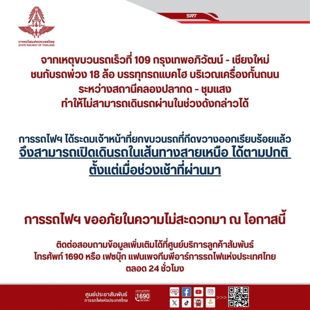 เปิดใช้ได้ปกติแล้ว เส้นทางรถไฟสายเหนือ หลังม้าเหล็กชน 18 ล้อ ที่นครสวรรค์
