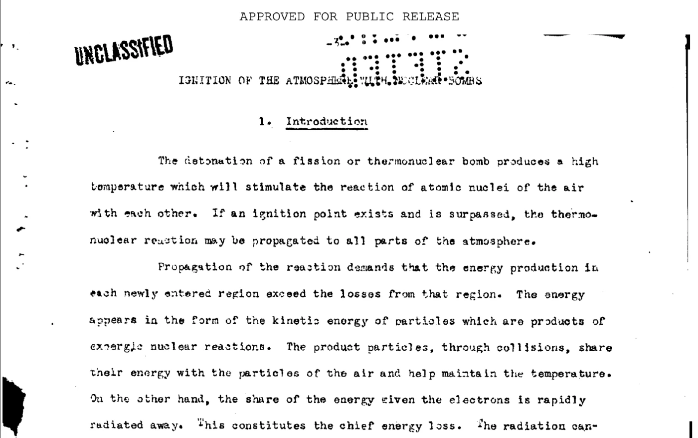 รายงาน Ignition of the Atmosphere With Nuclear Bombs. ภาพจาก: stanford.edu