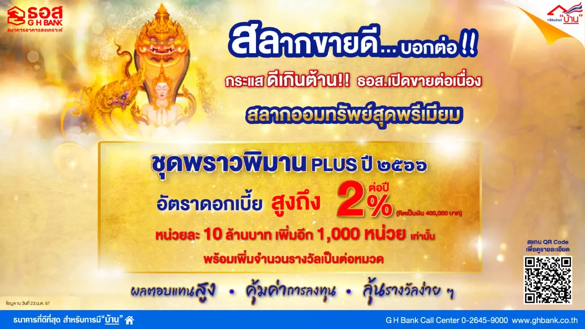 ธอส. เปิดขายสลากออมทรัพย์ "พราวพิมาน Plus" ลุ้นรางวัล 1 ล้านบาท   