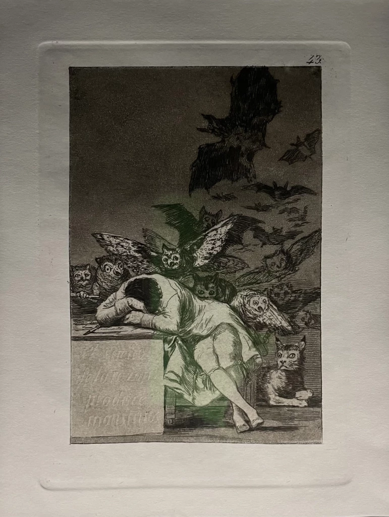 The Sleep of Reason Produces Monsters (1799) ภาพพิมพ์โลหะในชุด Los caprichos. ภาพถ่ายโดย ภาณุ บุญพิพัฒนาพงศ์