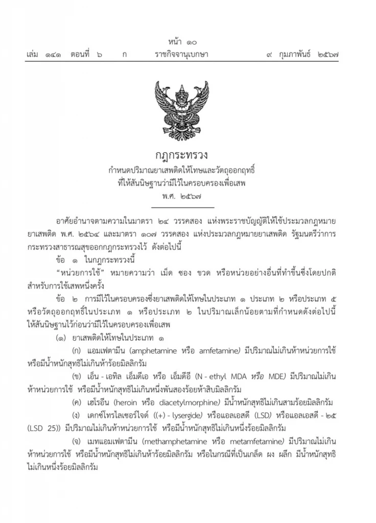 ราชกิจจาฯ ประกาศกฎกระทรวง กำหนดปริมาณยาเสพติดฯ ยาบ้า 5 เม็ด สันนิษฐานมีไว้เสพ