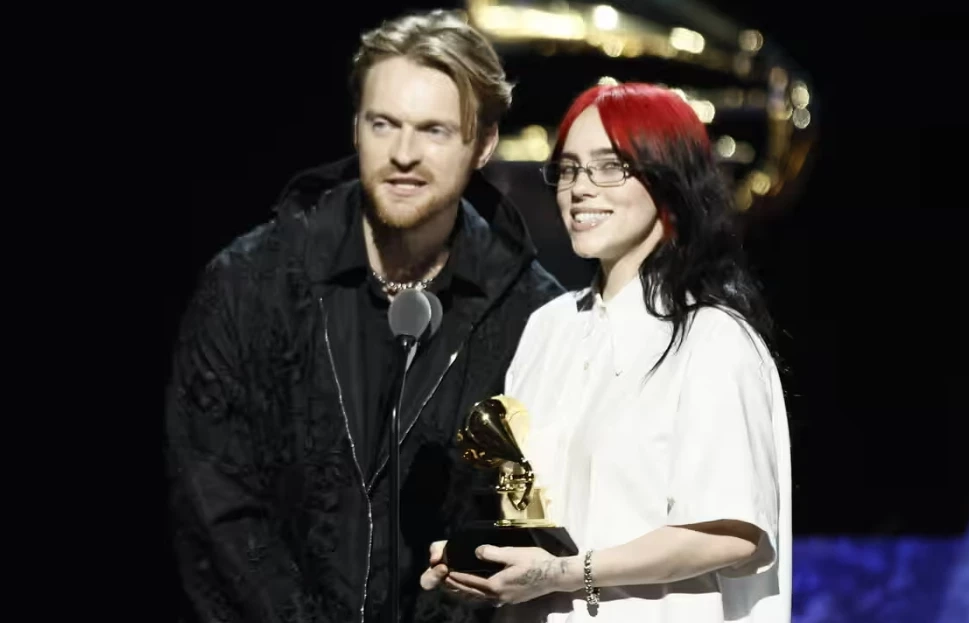 Finneas and Billie Eilish accepting the award for Best Song Written for Visual Media, on 4 February 2024. Photograph: Étienne Laurent/EPA