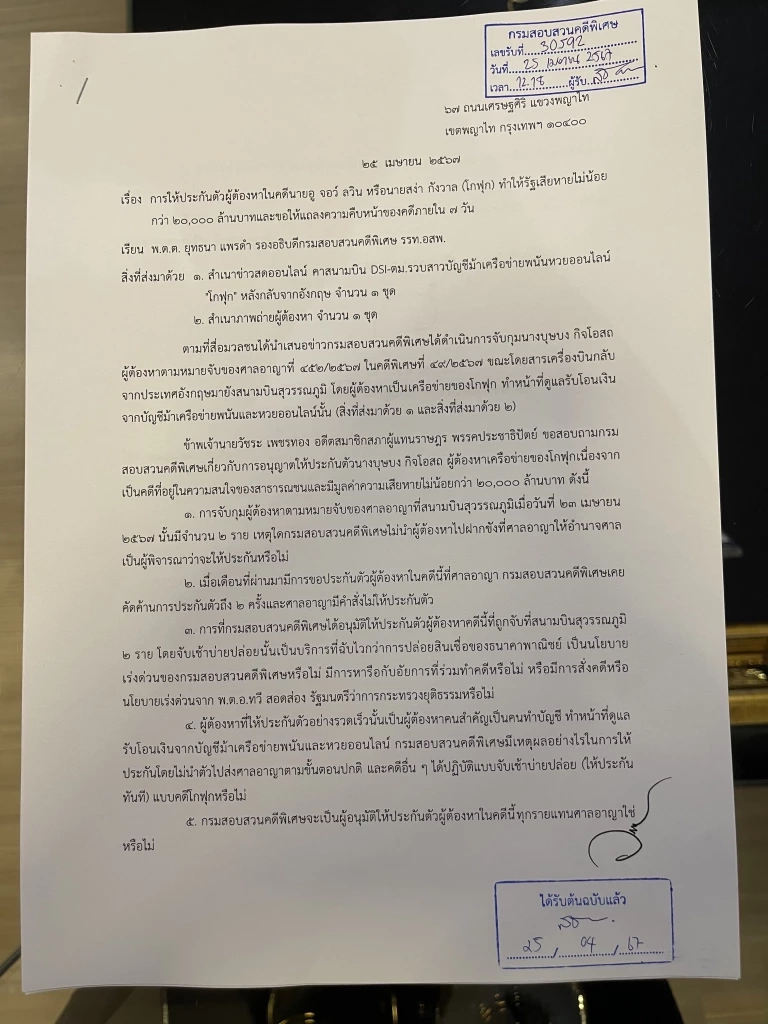 หนังสือที่นายวัชระ ยื่นถึงดีเอสไอ