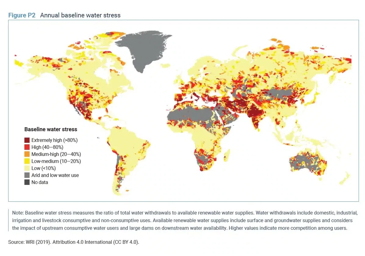 ภาพแสดงระดับของความเครียดน้ำ (Water stress) ในทุกประเทศทั่วโลก. ภาพจาก World Resources Institute (2019)