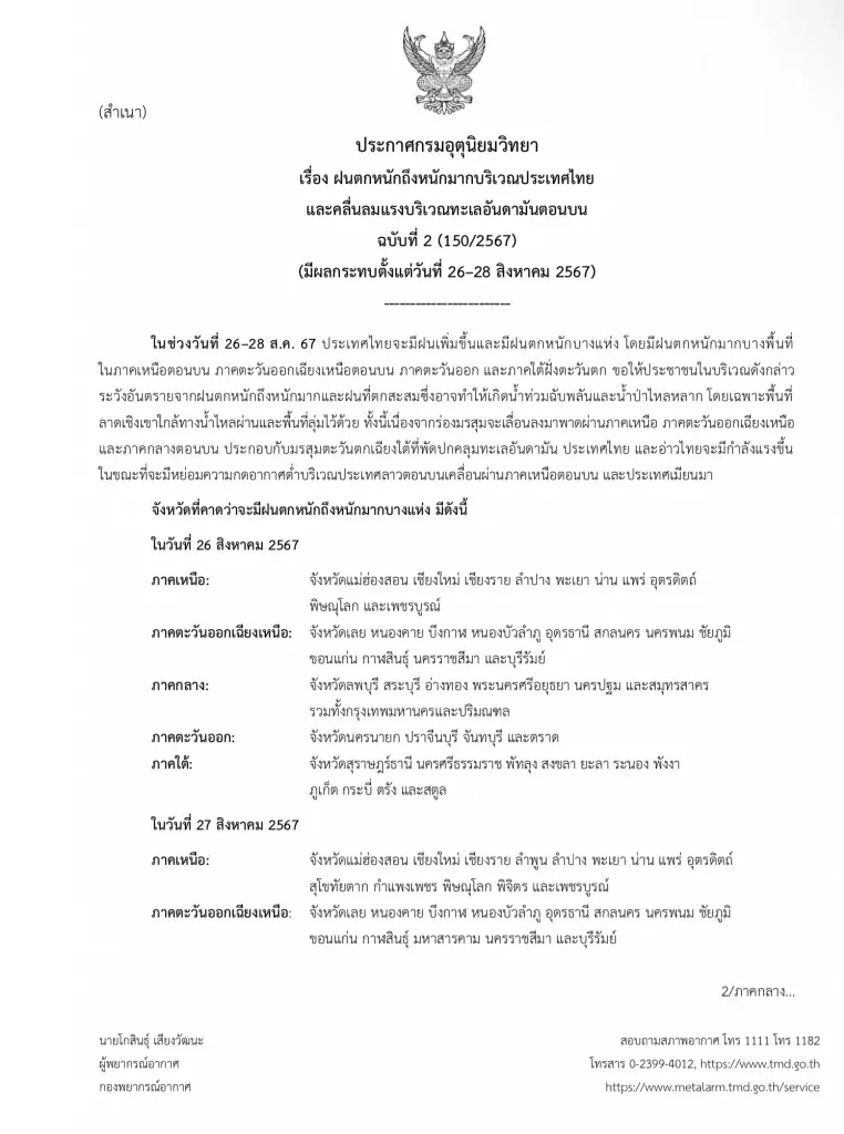 ประกาศด่วน! ฉบับ 2 อุตุฯ เตือนพื้นที่ฝนตกหนักถึงหนักมาก ระวังน้ำท่วมฉับพลัน