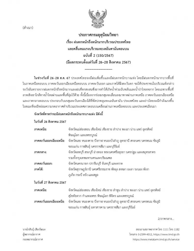 ประกาศกรมอุตุนิยมวิทยา ฉบับที่ 2 เตือน "ฝนตกหนักถึงหนักมาก"