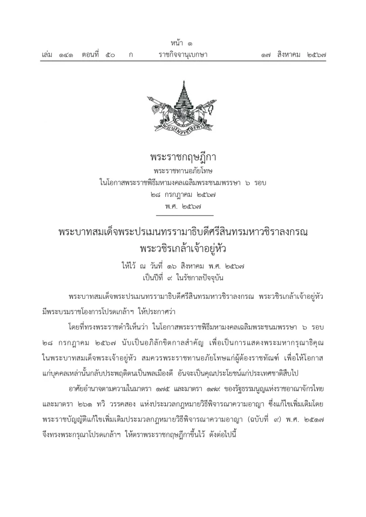 พระบรมราชโองการโปรดเกล้าฯ พระราชทานอภัยโทษ โอกาสเฉลิมพระชนมพรรษา