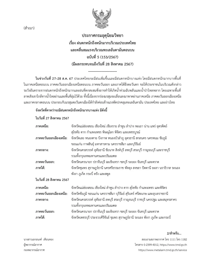 ด่วน! อุตุฯ ประกาศ ฉ.5 เตือนทั่วไทยฝนตกหนักมาก โดยเฉพาะ "เหนือ-ใต้"