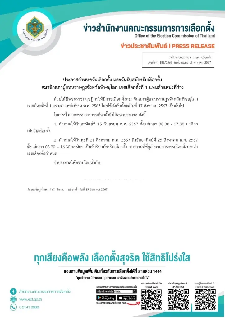 "กกต." เคาะ 15 กันยายน 67  วันเลือกตั้งซ่อมสส.เขต1 พิษณุโลก
