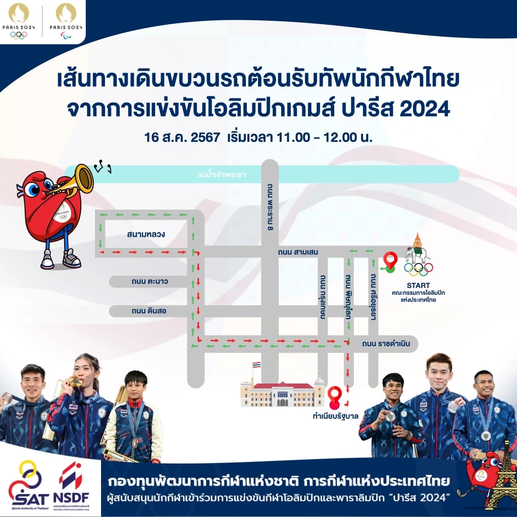 เช็กเส้นทางขบวนแห่ ฮีโร่นักกีฬาไทย ฉลองความสำเร็จจาก "โอลิมปิก 2024"