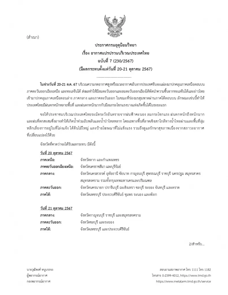 อุตุฯ เตือนฉบับ 7 ไทยอากาศแปรปรวน พร้อมพิกัดฝนถล่มหนัก 29 จังหวัดวันนี้