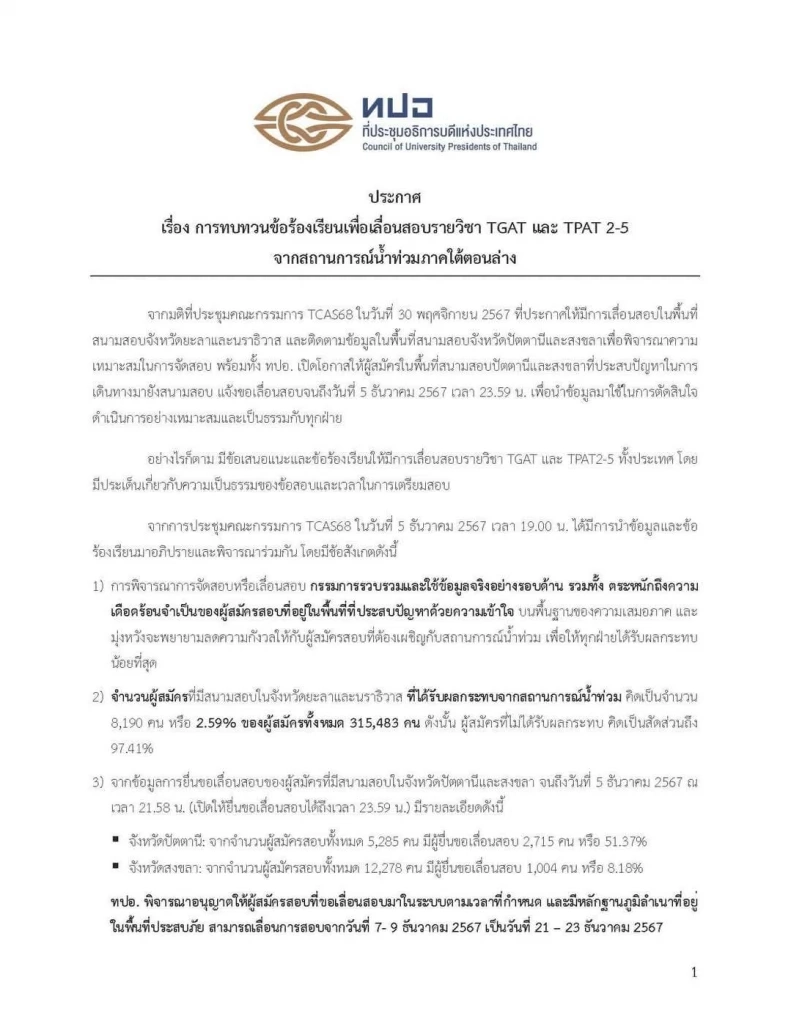 ทปอ.ย้ำชัดสอบ TGAT/TPAT ทั่วประเทศตามกำหนดเดิม เลื่อนแค่ 4 สนาม ยะลา นราธิวาส