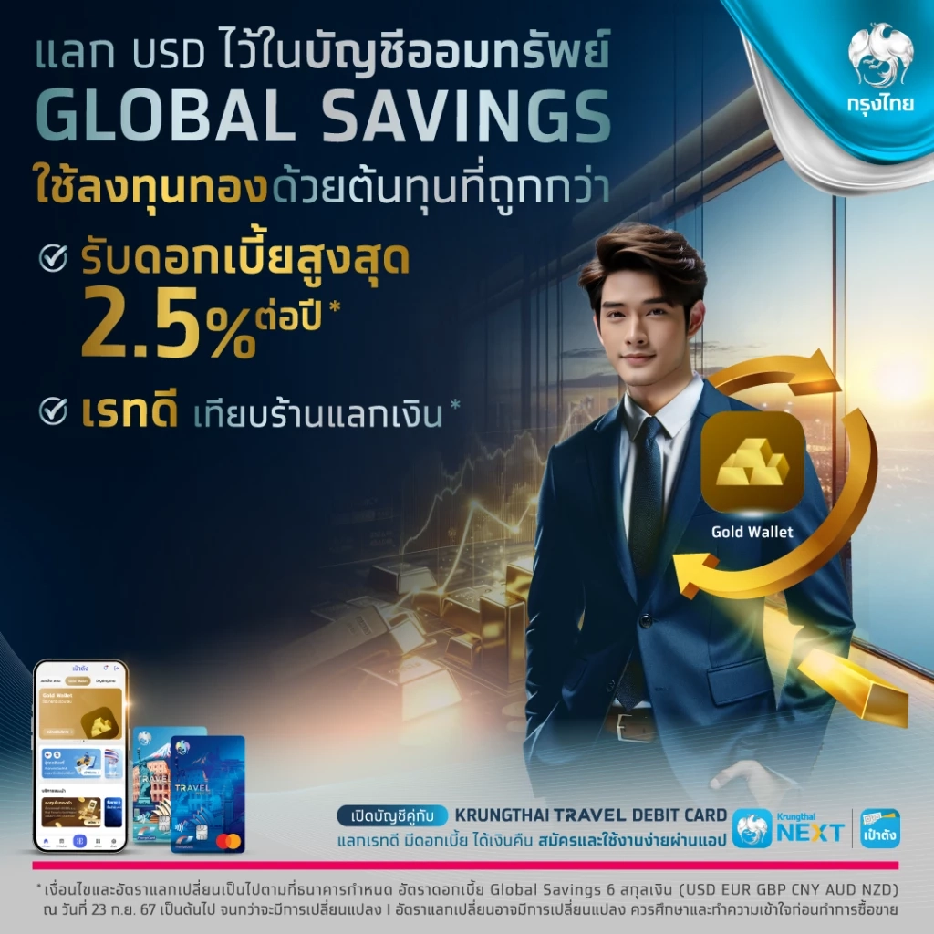 "กรุงไทย" เปิดให้บริการบัญชีออมทรัพย์สกุลเงินต่างประเทศ Global Savings เรทดี ดอกเบี้ยสูงสุด 2.5% ต่อปี