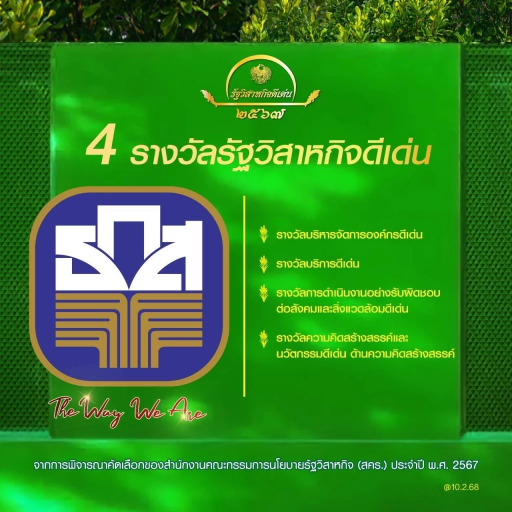 ธ.ก.ส. คว้า 4 รางวัลรัฐวิสาหกิจดีเด่น มุ่งเป็น 'ธนาคารพัฒนาชนบทที่ยั่งยืน'