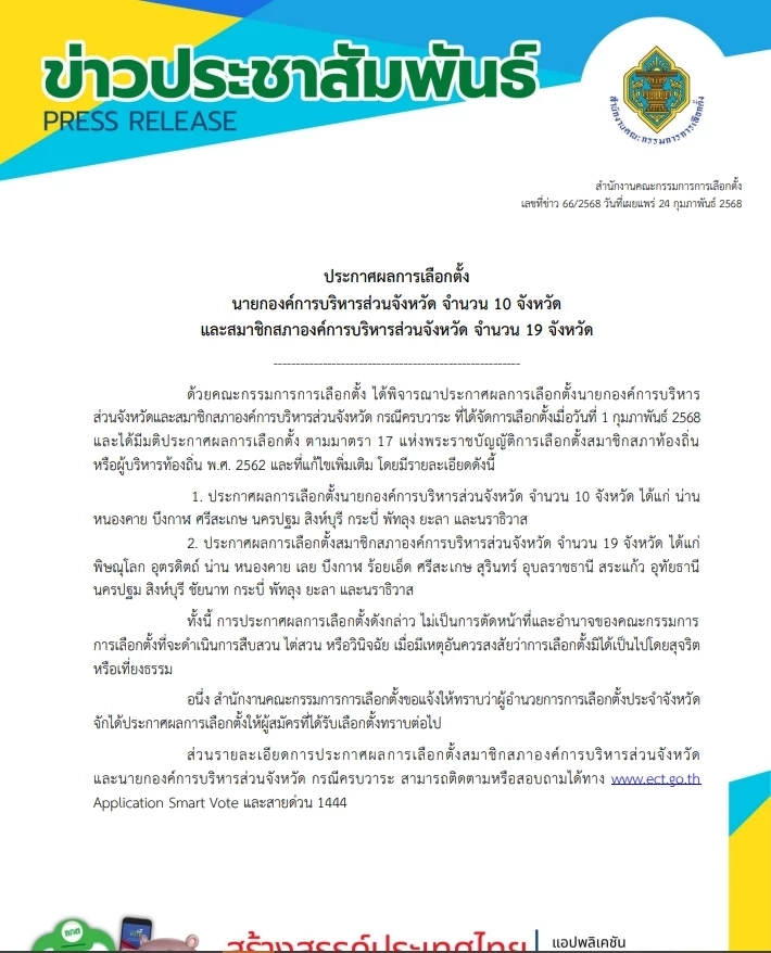 "กกต."ประกาศผลรับรองเลือกตั้ง "นายกอบจ."  และ"ส.อบจ." เช็กเลย  